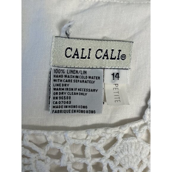 White Crochet Top Linen Midi Dress By Cali Cali Petite Size 14 With Side Button - Picture 5 of 7
